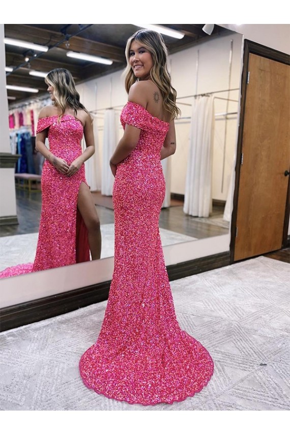 One Shoulder Sleeveless Long Sweep Train Velvet Sequin Prom Dress with Side Slit