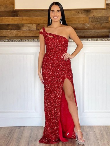 Shop One Shoulder Sleeveless Long Sweep Train Velvet Sequin Prom Dress Calgary