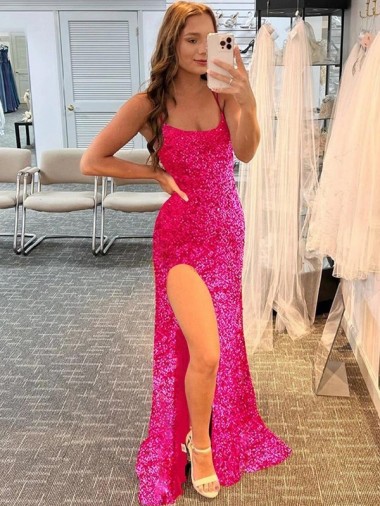 Shop Spaghetti Straps Sleeveless Long Velvet Sequin Prom Dress with Slit and Criss Cross Open Back Calgary