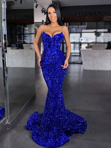 Shop Mermaid Spaghetti Straps Sleeveless Long Sweep Train Velvet Sequin Prom Dress Calgary