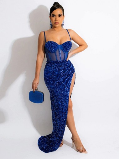 Shop Long Sweep Train Spaghetti Straps Sleeveless Velvet Sequin Prom Dress with Slit Calgary