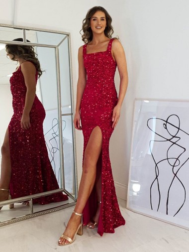 Shop Square Neck Sleeveless Long Velvet Sequin Prom Dress with Slit Calgary