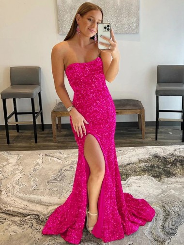 Shop Strapless Sleeveless Long Sweep Train Velvet Sequin Prom Dress with Side Slit Calgary
