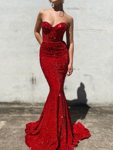 Shop Mermaid Sweetheart Sleeveless Long Court Train Velvet Sequin Prom Dress Calgary