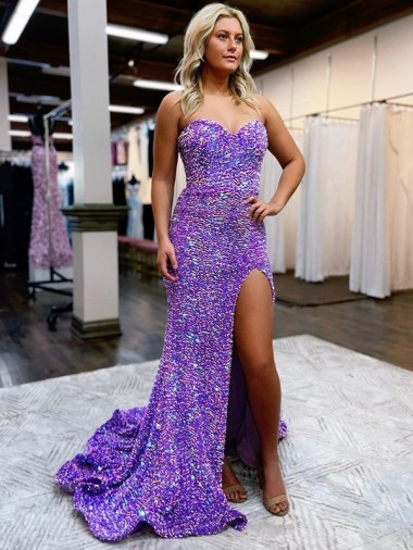 Shop A-Line Sweetheart Sleeveless Long Velvet Sequin Prom Dress with Slit Calgary