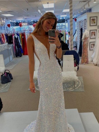Shop V-Neck Sleeveless Long Velvet Sequin Prom Dress with Sweep Train Calgary