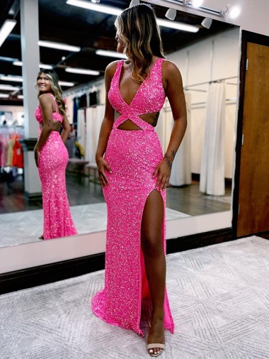 Shop Long V-Neck Sleeveless Sweep Train Velvet Sequin Prom Dress with High Slit Calgary