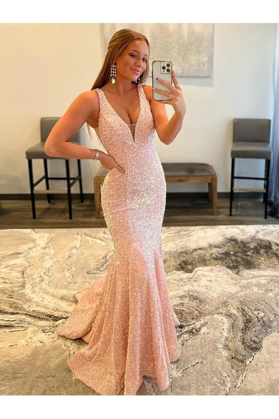 Deep V-Neck Sleeveless Long Low Back Velvet Sequin Prom Dress