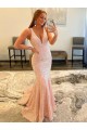 Deep V-Neck Sleeveless Long Low Back Velvet Sequin Prom Dress