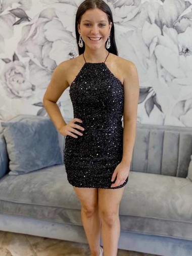 Shop Halter Sleeveless Short Velvet Sequin Prom Dress Calgary