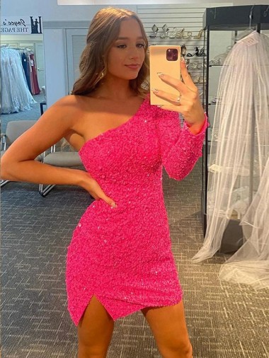 Shop Short Velvet Sequin One Shoulder Long Sleeves Prom Dress Calgary