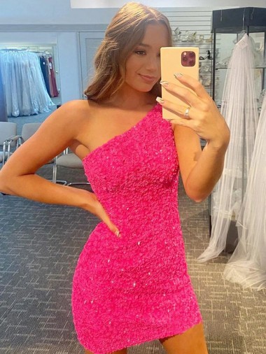 Shop Short One Shoulder Sleeveless Velvet Sequin Prom Dress Calgary