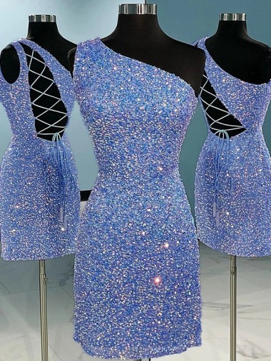 Shop Short Velvet Sequin One Shoulder Sleeveless Prom Dress Calgary
