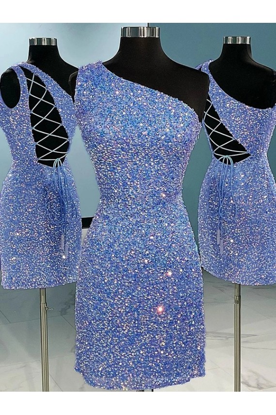 Short Velvet Sequin One Shoulder Sleeveless Prom Dress