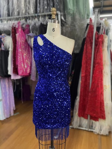 Shop One Shoulder Keyhole Sleeveless Short Velvet Sequin Prom Dress Calgary