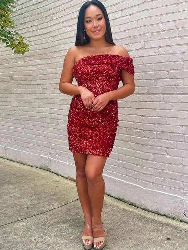 Shop Short One Shoulder Sleeveless Velvet Sequin Cocktail Prom Dress Calgary