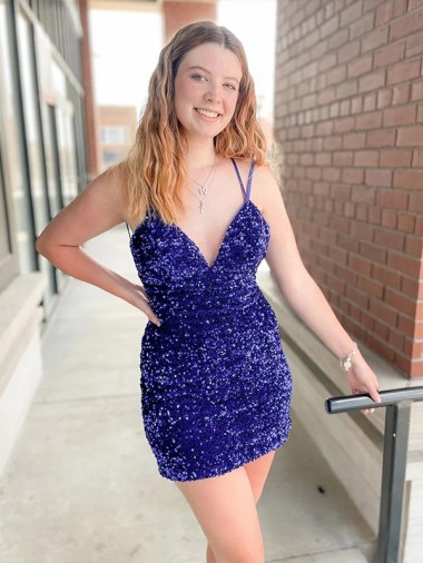 Shop Sleeveless Short Velvet Sequin V-Neck Prom Dress Calgary