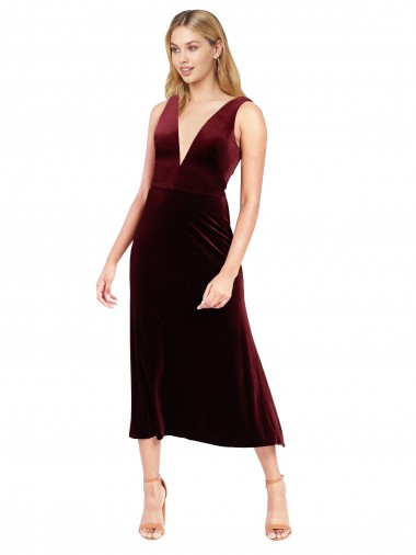 Shop Daring Plunging V-Neckline Short Midi Cocktail Length Velvet Bridesmaid Dress / Prom Dress Calgary