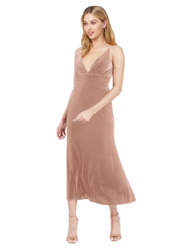 Shop Midi Cocktail Length Short V-Neck Velvet Bridesmaid Dress / Prom Dress with Notched Neckline Calgary