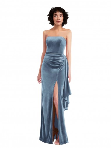 Shop Strapless Formal Velvet Maxi Bridesmaid Dress / Prom Dress with Draped Skirt Calgary