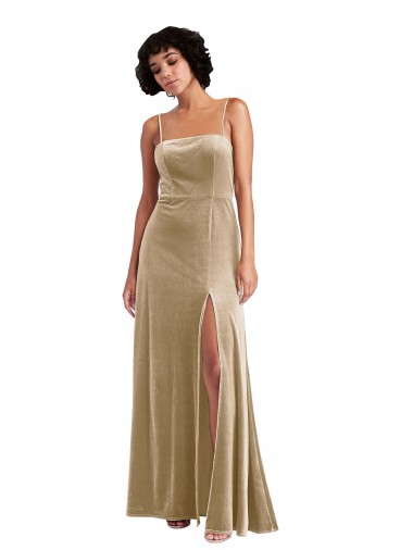 Shop Square Neck Formal Velvet Maxi Bridesmaid Dress / Prom Dress with Front Slit & Pockets Calgary