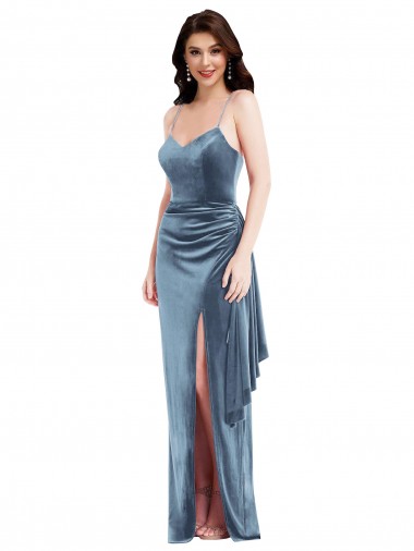 Shop Spaghetti Strap Formal Velvet Maxi Bridesmaid Dress / Prom Dress with Draped Skirt Calgary