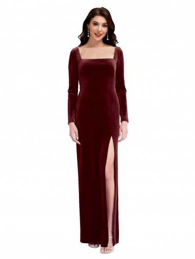 Shop Sleek Square Neck Spaghetti Straps Velvet Bridesmaid Dress / Prom Dress with Side Slit Calgary