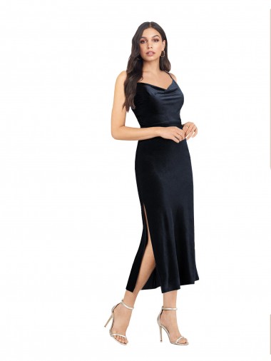Shop Midi Cocktail Length Formal Velvet Bridesmaid Dress / Prom Dress with Cowl Neck and Spaghetti Straps Calgary