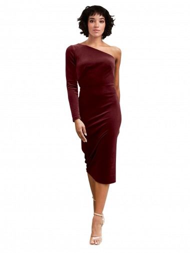 Shop One Shoulder Fitted Short Midi Length Velvet Bridesmaid Dress / Prom Dress Calgary