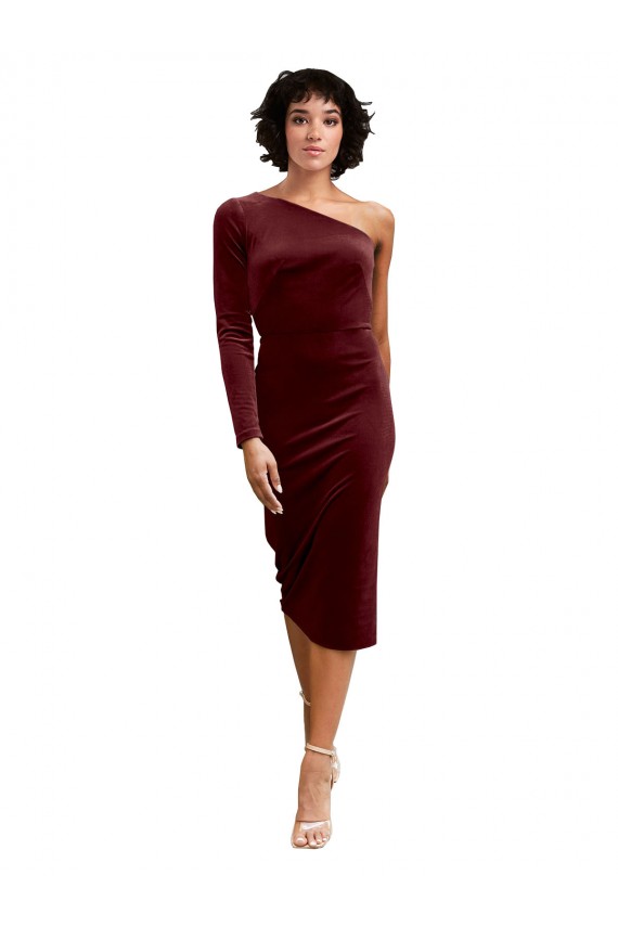 One Shoulder Fitted Short Midi Length Velvet Bridesmaid Dress / Prom Dress