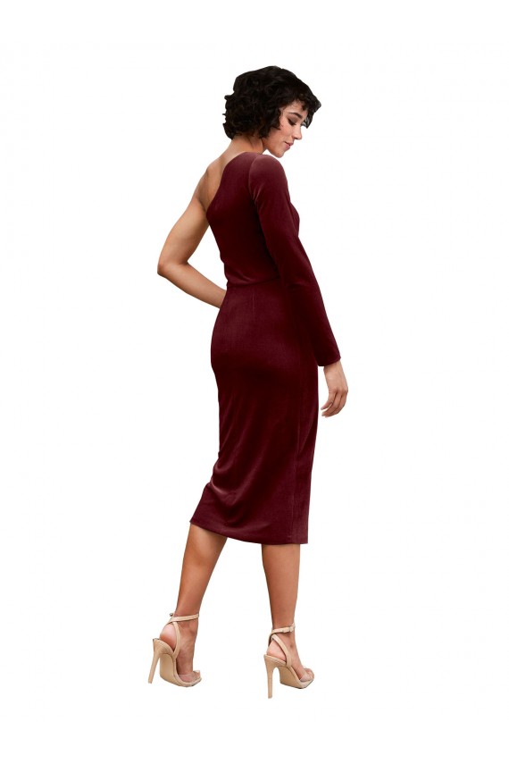One Shoulder Fitted Short Midi Length Velvet Bridesmaid Dress / Prom Dress