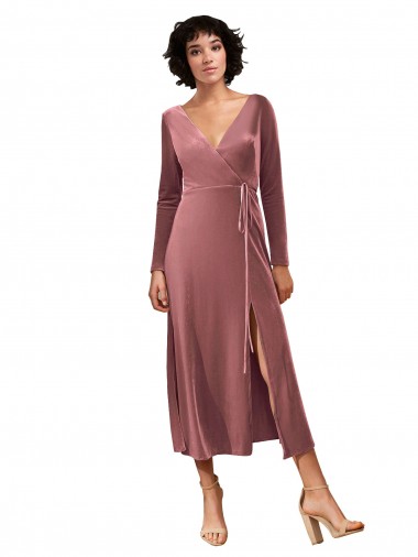 Shop Long Sleeve Velvet Faux Wrap Midi Length Bridesmaid Dress / Prom Dress Calgary