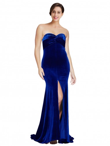 Shop Strapless Ruched Formal Velvet Bridesmaid Dress / Prom Dress with Sweep Train and Front Slit Calgary