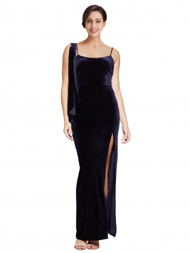Shop Long Formal Velvet Bridesmaid Dress / Prom Dress with Side Thigh Split and Shoulder Tie Calgary